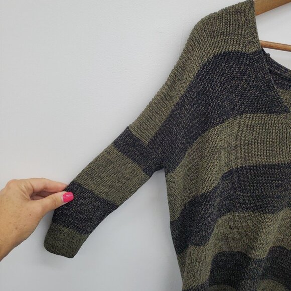 Womens XS Olive Black Striped Sweater Grungecore Knit Slouchy V-Neck Fall Top - Picture 10 of 15